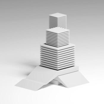 Futuristic Minimal Architecture Building Concept in White 3D Render. Modern Abstract Urban Tower with Geometric Shapes, Ramps, and Stairs for Future City Design Visualization. Minimal structure. 3d photo