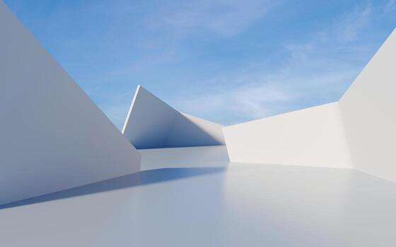 White abstract architecture background, 3d rendering. minimalist, futuristic architectural design with an empty space. Blue Sky, Abstract Geometric Shapes, Bright Light. 3d. photo