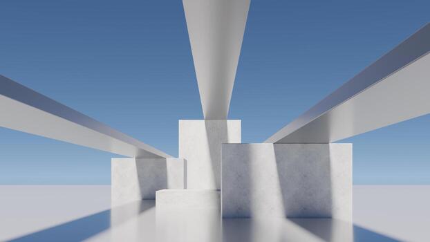 Empty minimal modern architecture abstract 3D render of futuristic geometric buildings and clean urban structures with blue sky, soft reflections and contemporary background for design projects. Art photo