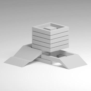 Futuristic Minimal Architecture Building Concept in White 3D Render. Modern Abstract Urban Tower with Geometric Shapes, Ramps, and Stairs for Future City Design Visualization. Minimal structure photo