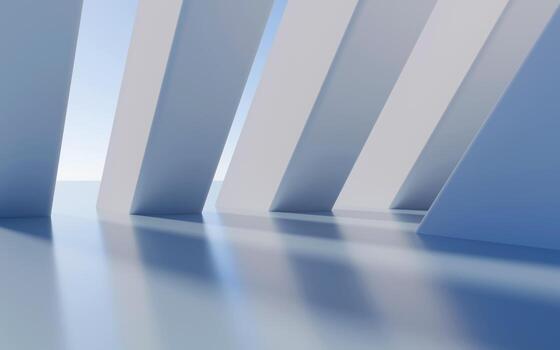 Minimalist empty modern architecture abstract 3D render of futuristic geometric buildings and clean urban structures with blue sky, soft reflections and contemporary background for design projects photo