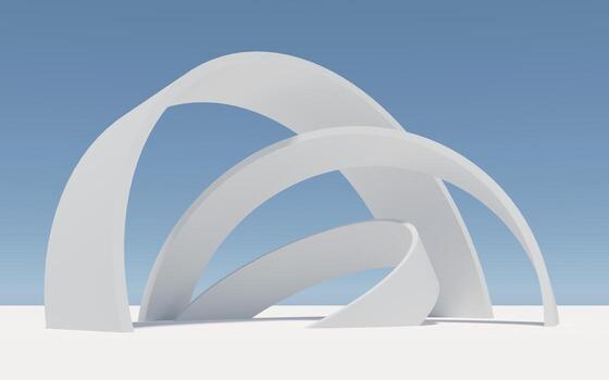Abstract futuristic architecture, 3d rendering. 3d illustration. Empty building structure with geometric structure. white abstract futuristic architecture on a flat floor, with sky 3d structure. photo