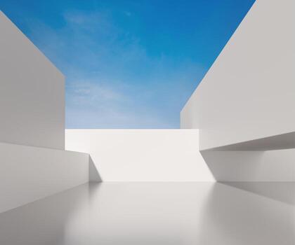 Empty minimal modern architecture abstract 3D render of futuristic geometric buildings and clean urban structures with blue sky, soft reflections and contemporary background for design projects.. photo