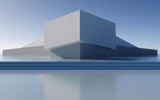 Minimalist empty modern architecture abstract 3D render of futuristic geometric buildings and clean urban structures with blue sky, soft reflections and contemporary background for design projects. photo