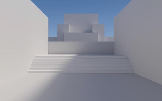 White abstract architecture background, 3d rendering. minimalist, futuristic architectural design with an empty space. Blue Sky, Abstract Geometric Shapes, Bright Light, Creative 3d photo