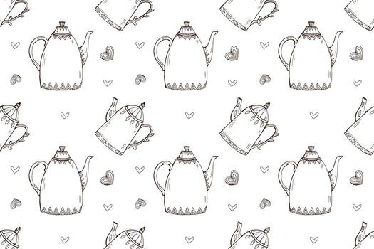 Seamless pattern with teapots and hearts on white background vector
