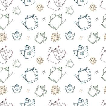 Hand drawn coloured pattern with teapots and waffles. Doodle style. vector