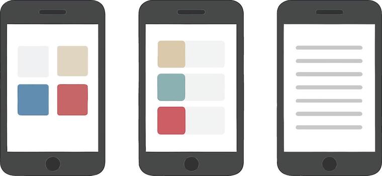 Three mobile phones displaying different app user interfaces and designs vector