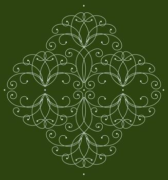 Design element of curved lines. White curls on green background. Ornate complex ornament.. Frost pattern on the window. Classic vintage design. Monochrome dark green decor for clothes, home, etc. vector