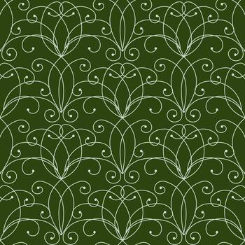 Seamless pattern of curved lines. White curls on green background. Ornate complex ornament.. Frost pattern on the window. Classic vintage design vector
