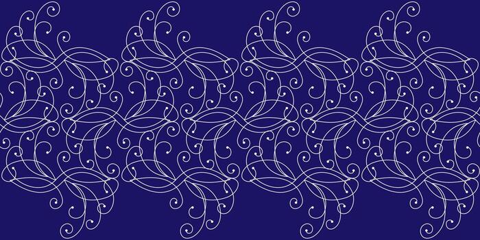 Seamless border of curved lines. White curls on blue background. Ornate complex ornament. Frost pattern on the window vector
