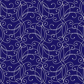 Seamless pattern of curved lines. White curls on blue background. Ornate complex ornament. Winter frost pattern on the window vector