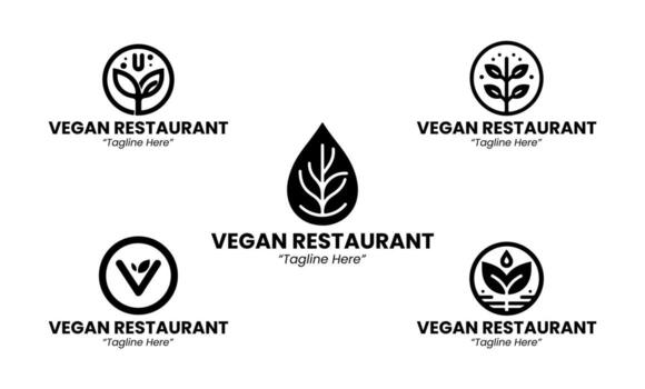 5 Vegan Restaurant Logo Set Black and White Healthy Plant-Based Dining Design Collection vector