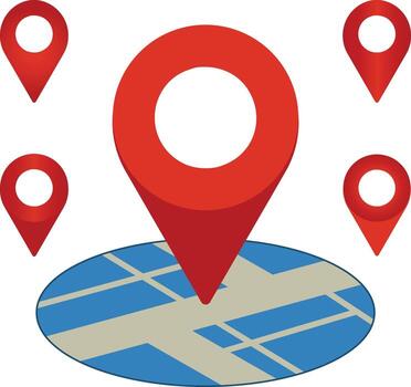 A large red map pin stands prominently on a stylized map surrounded by smaller pins indicating multiple locations vector