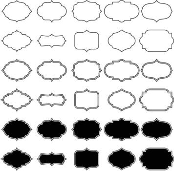 Collection of elegant hand drawn decorative oval and rectangular frames with ornate flourishes and silhouetted shapes vector