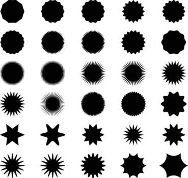 colección de diverso negro Starburst y circular resumen formas con texturizado bordes en un blanco antecedentes vector