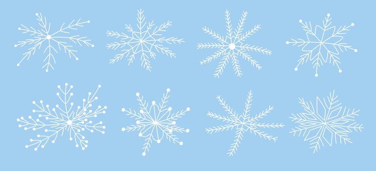 White snowflakes on a blue background in doodle style. Hand-drawn snowflake illustration. Festive frosty elements in a minimalist style. Snowflake icons, snow symbol. Snow vector
