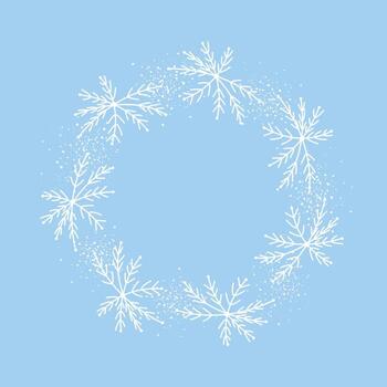 A round winter Christmas frame with hand-drawn snowflakes in doodle style. A round snowflake-shaped frame with winter holiday elements. illustration on a blue background. vector