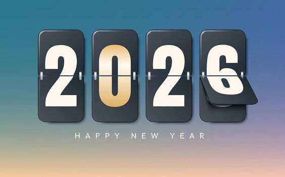 Happy New Year 2026. Digital calendar greeting card design template. Concept of the end of 2025 and the beginning of 2026. vector