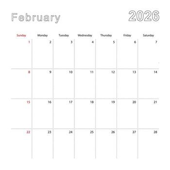 Simple wall calendar for February 2026 with dotted lines. The calendar is in English, week start from Sunday. vector