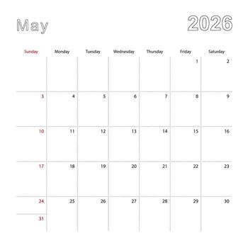 Simple wall calendar for May 2026 with dotted lines. The calendar is in English, week start from Sunday. vector