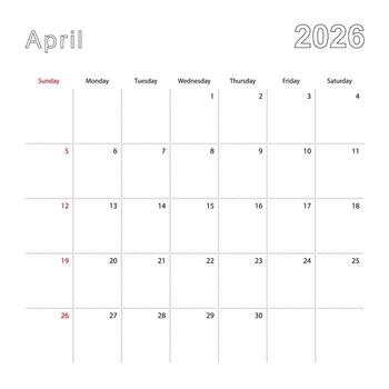 Simple wall calendar for April 2026 with dotted lines. The calendar is in English, week start from Sunday. vector