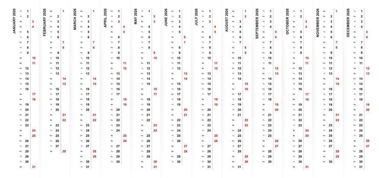 2026 vertical calendar design, Saturday and Sunday selected in different color and row. vector