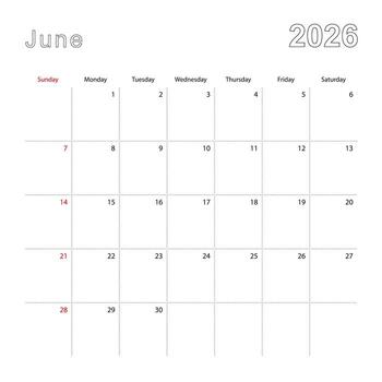 Simple wall calendar for June 2026 with dotted lines. The calendar is in English, week start from Sunday. vector