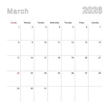 Simple wall calendar for March 2026 with dotted lines. The calendar is in English, week start from Sunday. vector