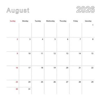 Simple wall calendar for August 2026 with dotted lines. The calendar is in English, week start from Sunday. vector