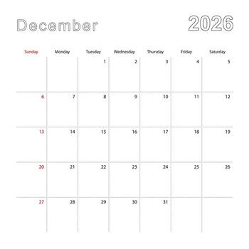 Simple wall calendar for December 2026 with dotted lines. The calendar is in English, week start from Sunday. vector