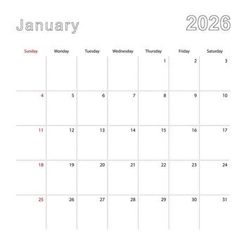 Simple wall calendar for January 2026 with dotted lines. The calendar is in English, week start from Sunday. vector
