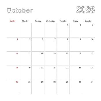 Simple wall calendar for October 2026 with dotted lines. The calendar is in English, week start from Sunday. vector