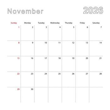 Simple wall calendar for November 2026 with dotted lines. The calendar is in English, week start from Sunday. vector