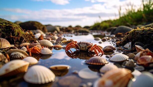 Crabs Eye View Coastal Scene with Shells and Reflections in Tide Pool. photo