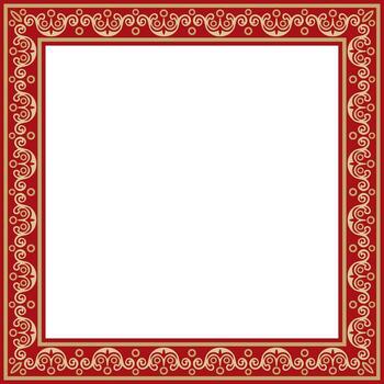 square European gold with red ornament. Rectangular pattern, circle, ring of the Middle Ages. Revival border. Decor palaces and churches. vector