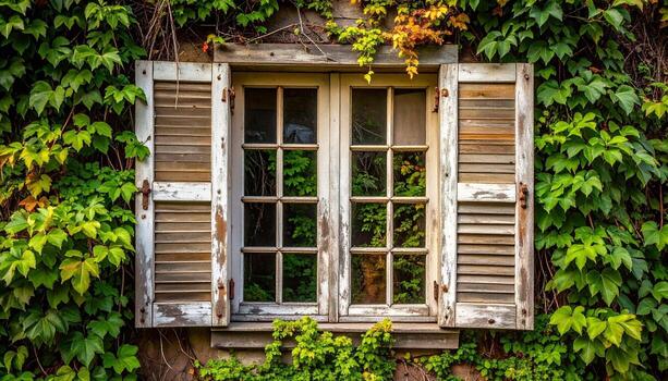 Weathered Window with Shutters Lush Greenery and Rustic Charm. photo