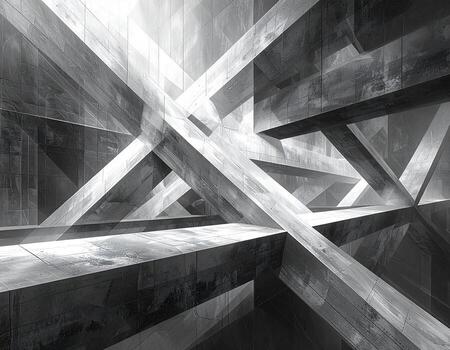 Abstract Architectural Composition Intersecting Beams and Geometric Forms in Monochrome. photo