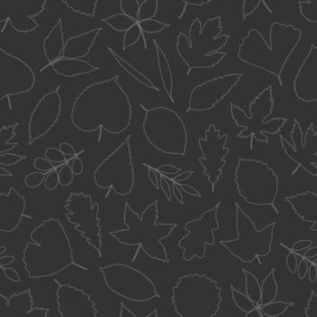 Seamless pattern with white line art leaves on black background, contour leaf of maple, linden, poplar, ginkgo, and others. Print for textile, package, paper. Illustration, minimal style vector