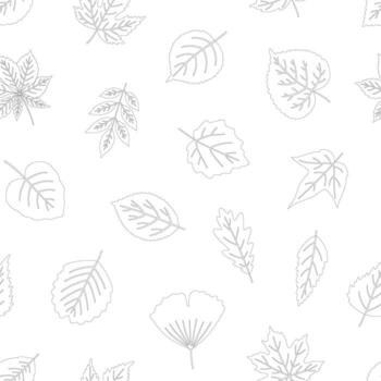 Seamless pattern with black contour leaves on white background. Leaf of maple, linden, aspen, ginkgo, and others. Print for textile, package, and wrapping paper, illustration on line art style vector
