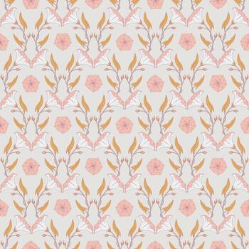 Seamless pattern with convolvulus plant, its flowers, and leaves. Retro template for prints. Grey background, illustration vector