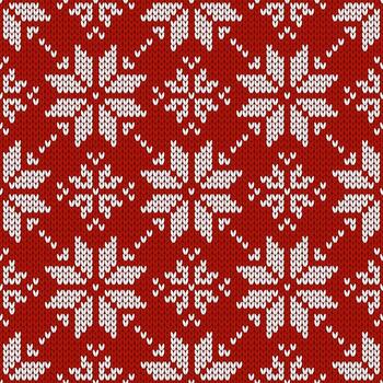 Scandinavian knitted seamless pattern. Norwegian native style sweater with snowflakes. Wool texture. Winter holiday, red background, and illustration. vector