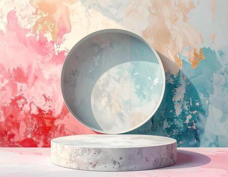 Abstract Product Display Circular Frame and Textured Podium Against a Colorful Artistic Backdrop. photo