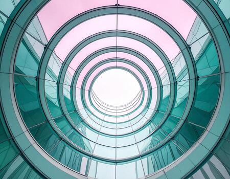 Circular Architecture Teal and Pink Glass Building with Skyward Perspective. photo