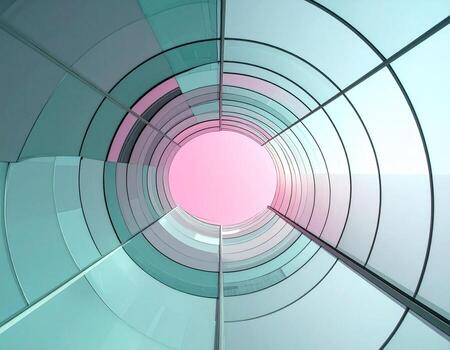 Circular Glass Architecture with Pink Sky Modern Building Design. photo