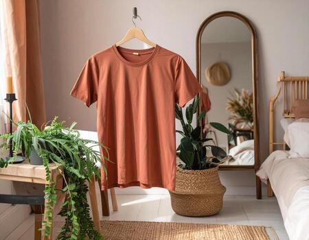 EarthToned TShirt Displayed in a Cozy Bedroom Setting with Natural Light and Plants. photo