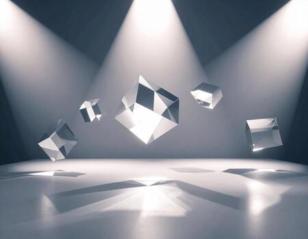 Floating Crystal Cubes Under Dramatic Spotlights Abstract Geometric Composition. photo