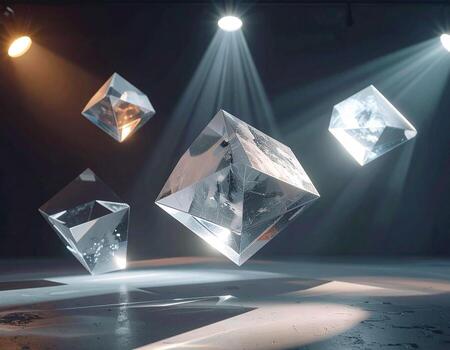 Floating Crystal Pyramids in Dramatic Spotlight Reflective Surface Abstract Composition. photo