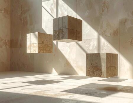 flotante Roca cubitos en iluminado por el sol habitación arquitectónico abstracción minimalista diseño. foto