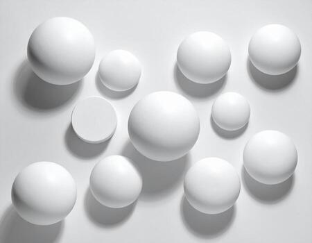 Floating White Spheres and Cylinder Composition with Dramatic Shadows. photo